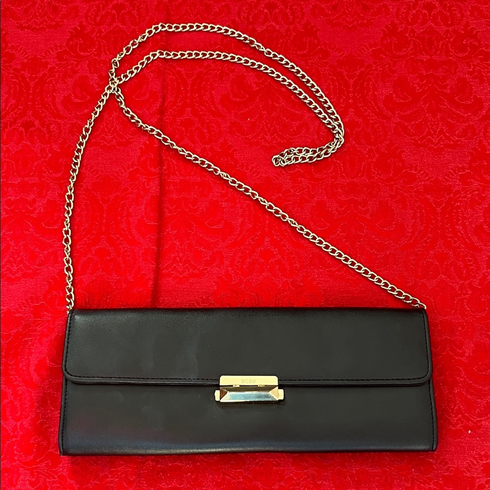 BCBG Black Envelope Clutch Gold Chain Strap Evening Shoulder Bag